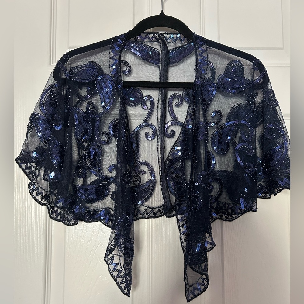 New BABEYOND Blue Bead and Sequin Embellished Wrap Bolero